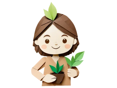 Soil health icon, cartoon style, green earth, smiling face, leaves on head, brown hair, friendly eyes, gentle smile, holding a small plant, wooden texture, natural color tone, soft focus, shallow dept