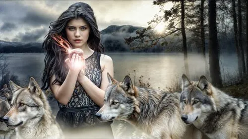 a woman standing in front of wolfs on a river with the sun behind her,shepherdesses,kahlan,blackwolf,howling wolf,shepherdess,fantasy picture