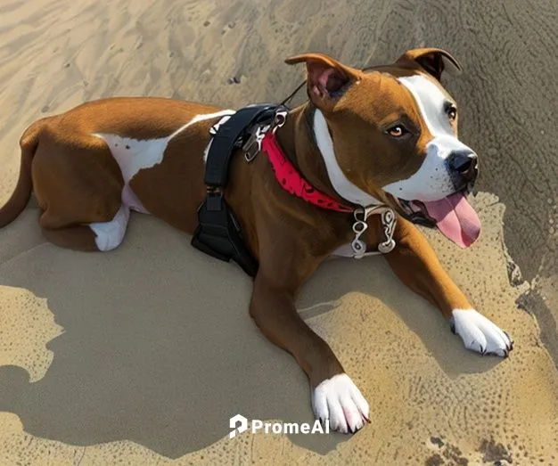 pitbull terrier americano, en la playa, exactamente igual que en la foto, marron claro, con manchas blancas en la mitad de su cara y en su cuerpo
,beach dog,amstaff,stray dog on beach,playing in the s