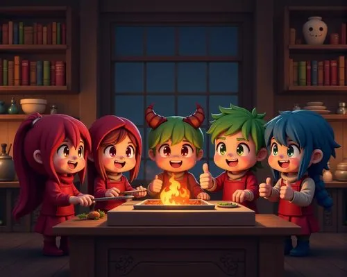 children around the table are celeting with some festive,megatokyo,chibi children,chibi kids,yotsuba,higurashi,deku