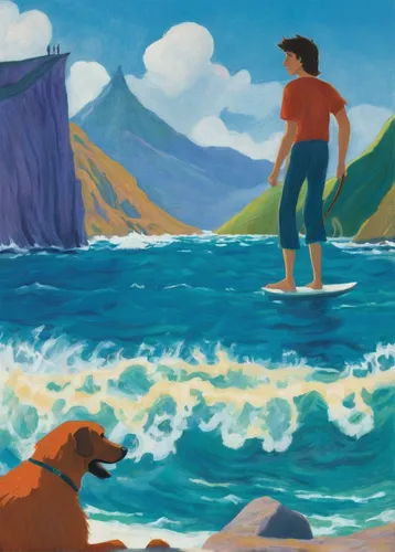 surfers,man at the sea,molokai,boy and dog,surfer,el mar,kalua,oahu,mountain and sea,navajo bay,surfing,kauai,dog in the water,dog illustration,maui,napali coast,ocean,napali,exploration of the sea,island residents,Art,Artistic Painting,Artistic Painting 09