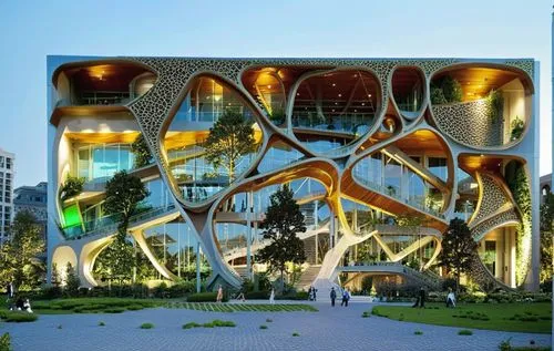 the entrance to a building that looks like it has curves in it,masdar,kaust,futuristic architecture,glass facade,futuristic art museum,biospheres,Photography,Artistic Photography,Artistic Photography 