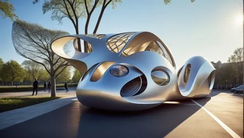 Personas tipo futuristas cambiar el Cielo  arboles metálicos  iluminados
aves en HD,an artistically shaped building is shown on a street,steel sculpture,heatherwick,kinetic art,arria,public art,garden