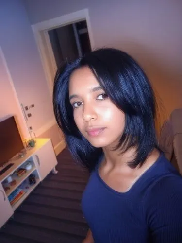 20 year old woman, long straight black hair.png,bob cut,room lighting,indian girl,kamini,blue hair,indian,blue background,jasmine blue,fisheye lens,smooth hair,blue and white,pooja,jasmine bush,blur o