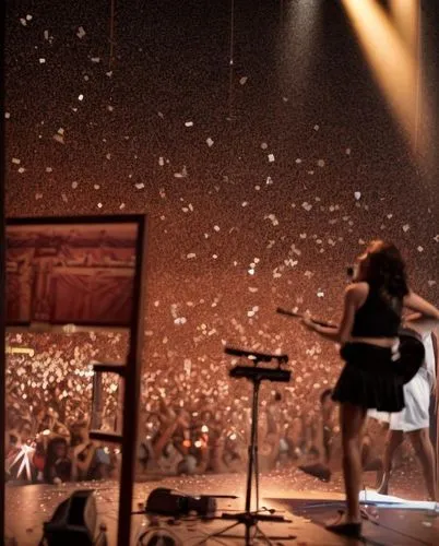 A stage scene with a female musician is performing to a large, enthusiastic crowd. She stands with one leg lifted, playing an acoustic guitar. The stage is bathed in dramatic lighting, with a large cl