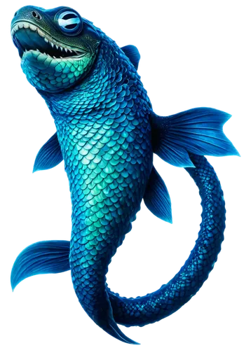 Sea monster, underwater creature, scaly skin, glowing blue eyes, sharp teeth, powerful tail, swimming pose, dark blue-green gradient scales, shiny wet texture, oceanic surroundings implied, cinematic 