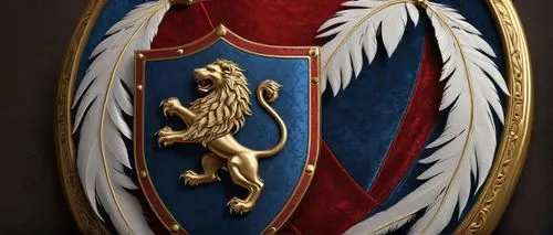 shield, medieval, golden frame, intricate design, blue and red background, family crest, lion and eagle supporters, knight's helmet, white feather plume, ornate mantling, crossed swords and batons, La