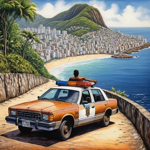 copacabana,rio de janeiro,oahu,rio,rio de janeiro 2016,honolulu,volkswagen brasilia,the cuban police,sheriff car,aloha,ponta do sol,ayrton senna,brasil,acapulco,policia,hawaii,city car,diamond head,napali,renault 8,Illustration,Realistic Fantasy,Realistic Fantasy 33