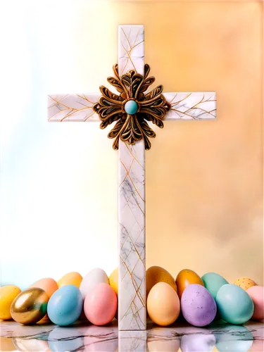 Easter-themed, white marble cross, decorated with colorful eggs, golden intricate details, soft pastel colors, gentle morning light, panoramic view, shallow depth of field, warm color tone, cinematic 