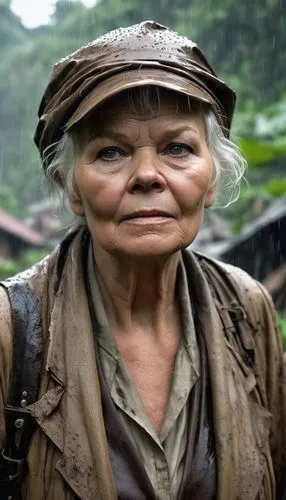 a new trailer tv series shows the main character, in the style of post-apocalyptic ruins in rain, beautiful wet women judi dench, 8k resolution, wet light white and brown chiffon, wet junglecore, cele