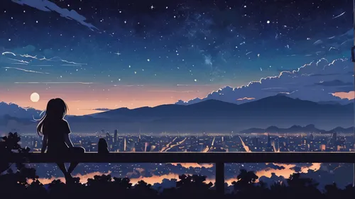 starry sky,stargazing,the night sky,night sky,dusk background,nightsky,night stars,falling stars,night scene,silhouette art,starry night,starlight,moon and star background,nightfall,fireflies,world digital painting,skygazers,star sky,starlit,starscape,Illustration,Japanese style,Japanese Style 06