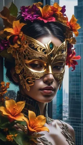 masquerade,venetian mask,golden mask,gold mask,golden wreath,fantasy portrait,baoshun,golden flowers,mascarade,world digital painting,diwata,masquerading,tiger lily,geisha,amazonica,gold flower,girl in a wreath,gold filigree,golden crown,oshun,Photography,Artistic Photography,Artistic Photography 08