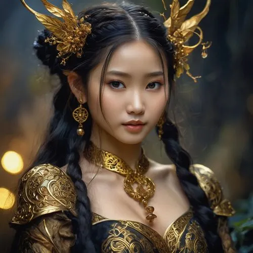 oriental princess,asian costume,oriental girl,golden wreath,fantasy portrait,inner mongolian beauty,golden dragon,vietnamese woman,gold filigree,mulan,chinese art,golden crown,mystical portrait of a girl,fantasy art,the enchantress,fairy tale character,asian woman,gold crown,oriental,vintage asian,Photography,General,Cinematic