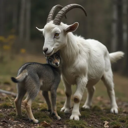 ماعز ترضع ذئب صغير ,a mountain goat nursing an infant animal that is standing in the grass,domestic goats,anglo-nubian goat,goatsucker,ibexes,goatflower,herfkens,Photography,Documentary Photography,Do