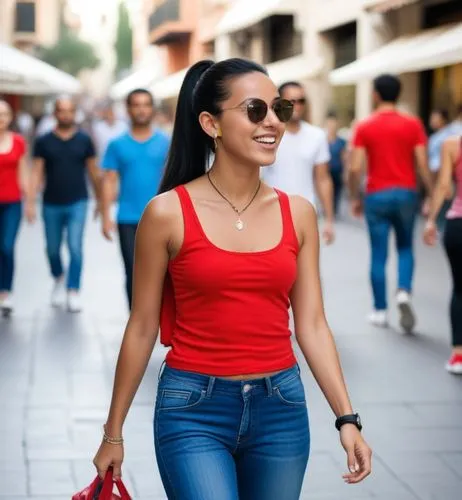 A surprise full body paparazzi photo.  The Moroccan girl with black hair in a high ponytail is walking down the street.  In the background people are walking.  She wears short jeans, a red tank top, s