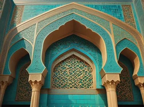 Intricate Islamic architecture, geometric patterns, ornate arches, domed mosque, minarets, Arabic calligraphy, vibrant turquoise tiles, golden accents, intricate mosaics, floral motifs, symmetrical co