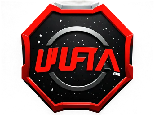 MMA, UFC logo, octagon shape, bold font, red and black color scheme, metallic texture, 3D effect, center composition, low angle shot, dramatic lighting, high contrast, detailed rendering.,uiaa,ulfa,ul