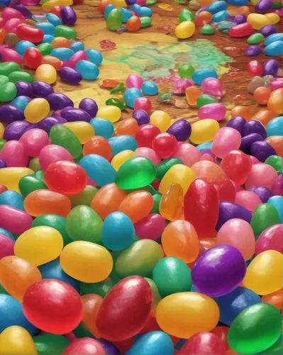 Compose a humorous poem about a chaotic jelly bean factory where brains have somehow started leaking.,ball pit,orbeez,colorful balloons,water balloons,rainbow color balloons,candy crush,klepon,big mar