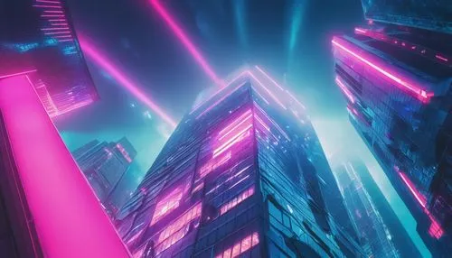 Modern skyscraper, sleek lines, silver glass façade, futuristic cityscape, urban landscape, busy streets, night scene, neon lights reflection, 3/4 composition, low-angle shot, cinematic mood, atmosphe