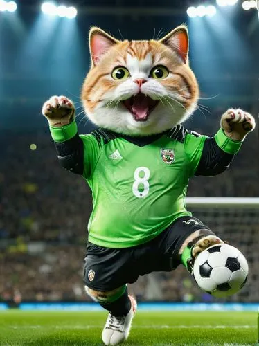 A cute cat, chubby, with big eyes. It is a goalkeeper, a football goalkeeper. It is wearing a goalkeeper's jersey, a light green goalkeeper jersey. It jumps off the ground with its feet, raises its tw