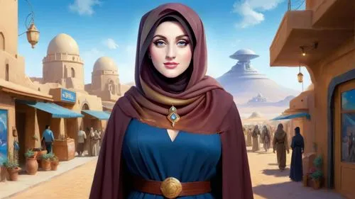 Romantic masterpiece oil painting, beautiful curvy woman portrait, abaya dress, nostalgic 1950's style kitsch, breathtaking beautiful epic vast landscape, Star Wars Tatooine, Mos Eisley Spaceport, Mos