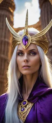 Ancient alien queen, mysterious powerful eyes, intricate golden headdress, flowing white hair, majestic purple cape, regal posture, standing between massive stone pillars, Earth's core glowing in the 