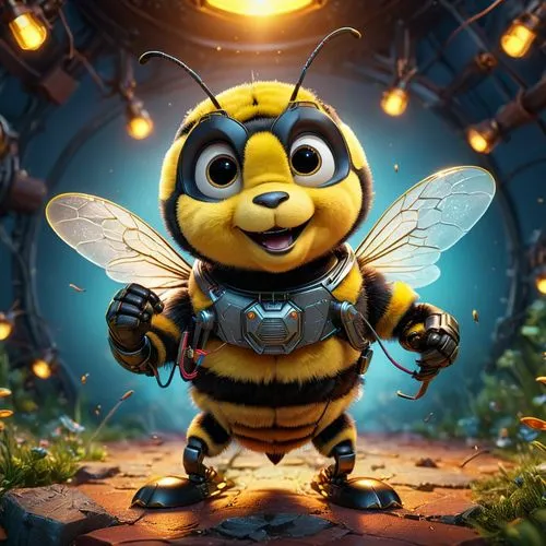 Illustrate a playful bumble bee receiving its bachelor degree as electrical engineer, wearing an electricans belt. Pixar, Disney, concept art, 3d digital art, Maya 3D, ZBrush Central 3D shading, brigh