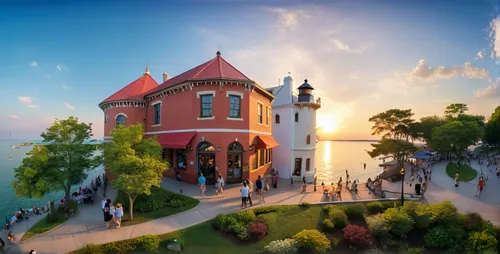 "doll village where the fasades is doll, and the rest is real".

the sun is high in the sky, casting a golden glow over the bustling streets. Lunchtime crowds gather in parks and outdoor seating areas