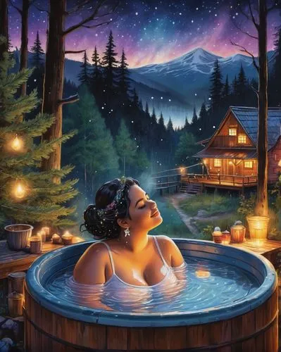 hot tub,jacuzzi,hot spring,spa,bathtub,bathing,the girl in the bathtub,romantic scene,romantic night,idyllic,tub,bath,honeymoon,sauna,thermal bath,whistler,water bath,day spa,bath with milk,day-spa,Illustration,Paper based,Paper Based 29