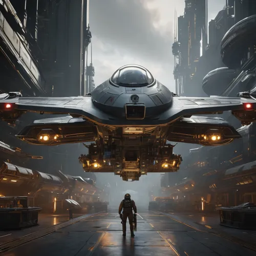 a man in a sci - fi setting stands facing an aircraft,helicarrier,interceptor,lti,dreadnought,jablonsky,falcon