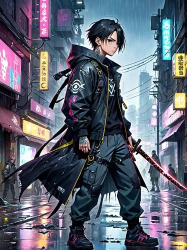 cyberpunk,samurai,yukio,hk,katana,hong,samurai fighter,shinjuku,taipei,swordsman,nico,assassin,renegade,ren,cg artwork,dystopian,sensei,walking in the rain,urban,cyber,Anime,Anime,Realistic