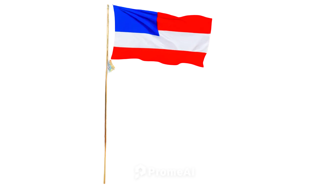 French flag, waving, tricolor, blue white red, horizontal stripes, billowy folds, golden tassels, pole attachment, front view, dynamic movement, national symbol, proud display, bright sunlight, high c