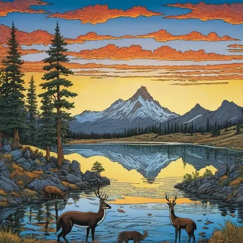 salt meadow landscape,mountain sunrise,mountain scene,vermilion lakes,mountain landscape,goodsell,alpine landscape,high mountain lake,cascade mountain,hildebrandt,nature landscape,mountain lake,west canada,glass painting,yukon territory,alpine lake,woodroffe,mountainous landscape,alpine sunset,lougheed,Illustration,American Style,American Style 03