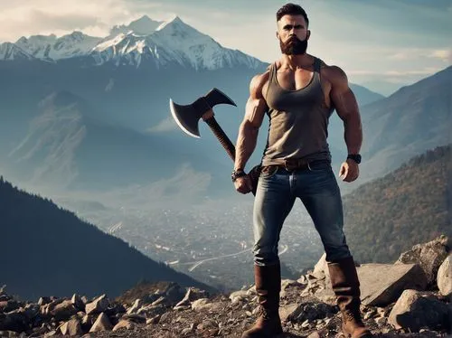 lumberjack,axe,mountaineer,dane axe,barbarian,lumberjack pattern,woodsman,mountain guide,mountaineers,a hammer,mountain climber,blue-collar worker,throwing axe,geologist's hammer,mountain boots,ball-peen hammer,pickaxe,hand shovel,a carpenter,claw hammer,Conceptual Art,Fantasy,Fantasy 06