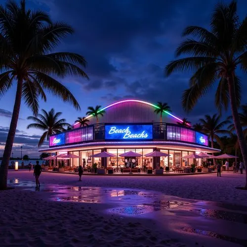 Glowing beachfront nightclubs, neon-lit signage, vibrant color schemes, dynamic LED lights, undulating waves, sandy shores, tropical palm trees, coastal breeze, warm summer nights, modern minimalist a