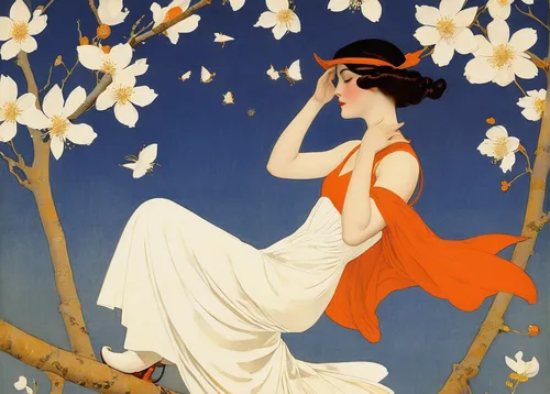 art deco woman,tommie crocus,orange blossom,charlotte cushman,vintage illustration,girl in flowers,art deco,mucha,star magnolia,magnolia,narcissus of the poets,kate greenaway,rose woodruff,art deco ornament,bibernell rose,jasmine crape,olle gill,jasmine blossom,narcissus,flapper,Illustration,Retro,Retro 15