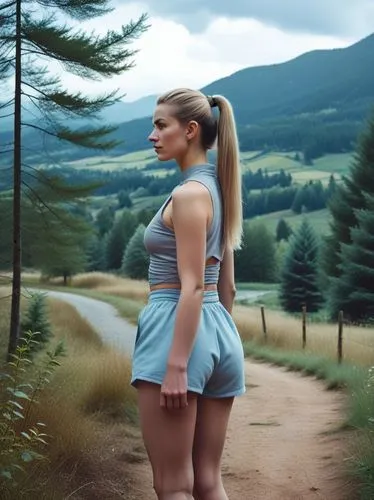 The picture shows a person with long, blond hair tied back in a high ponytail, standing barefoot outdoors in a wooded area. In the background are trees, bushes and a hint of a small fence in the middl