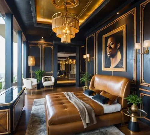 a bed in a bedroom with a large painting on the wall,luxury home interior,opulently,opulent,luxury,luxury hotel,luxurious,Photography,General,Realistic