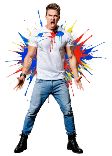 Guy screaming, muscular man, angry facial expression, short spiky hair, intense eyes, clenched teeth, tensed neck muscles, white shirt with rolled-up sleeves, blue jeans, black boots, standing, dynami