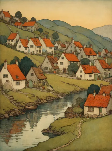 escher village,homberg,seeberg,cottages,carl svante hallbeck,austro,1921,1926,1925,david bates,khokhloma painting,chalets,zwartnek arassari,bergen,thun,lower franconia,kistler,landsberg,hagen,wooden houses,Illustration,Retro,Retro 17