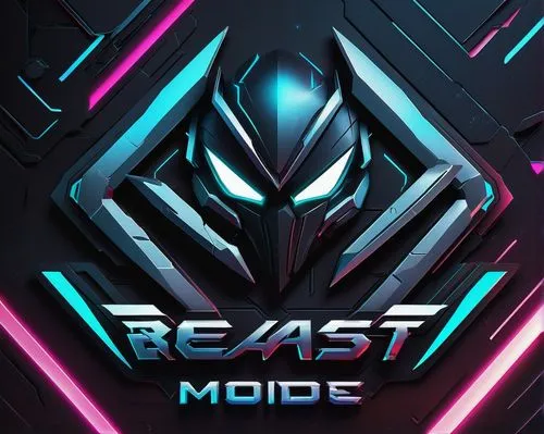 Beast mode, gaming logo, bold font, metallic texture, silver and black color scheme, futuristic design, neon lights, glowing eyes, sharp edges, 3D effect, dynamic composition, low-angle shot, dramatic