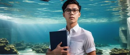 Young adult, male, solo, (22yo), handsome detailed facial features, short black hair, glasses, white shirt, dark blue trousers, holding a portfolio, standing, modern university, interior design studio