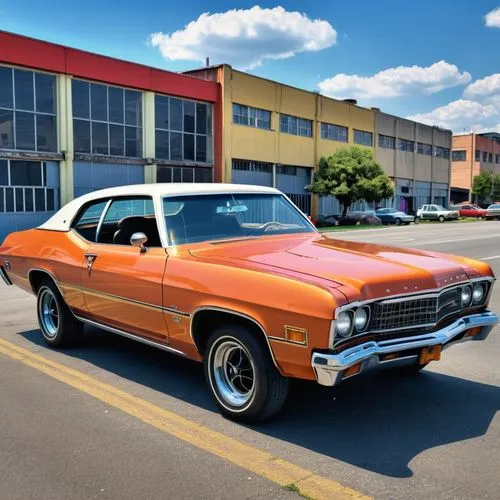 A vehicle from the 1970s, with an American style for an urban context with flashy colors.,ford torino,buick gran sport,plymouth duster,dodge super bee,buick skylark,chevrolet opala,pontiac trans-am 19