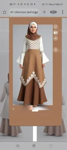 Wool design For Muslim hijab digital drawing with 3d with blain  design and long skirt with winter design wool design with wool design with brown and ofwhite with brown pattern from the chest ,a pictu