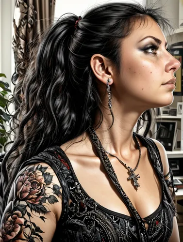 tattoo girl,gothic portrait,gothic woman,celtic queen,artificial hair integrations,gothic fashion,with tattoo,gothic style,body piercing,portrait photographers,steampunk,goth woman,tattoo artist,image manipulation,gypsy hair,retouch,rockabilly style,image editing,vanessa (butterfly),digital compositing