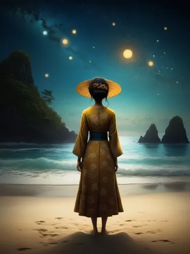 a woman wearing a hat on top of a sandy beach,oshun,yellow sun hat,morcheeba,garifuna,ibibio,candomble,Illustration,Abstract Fantasy,Abstract Fantasy 19