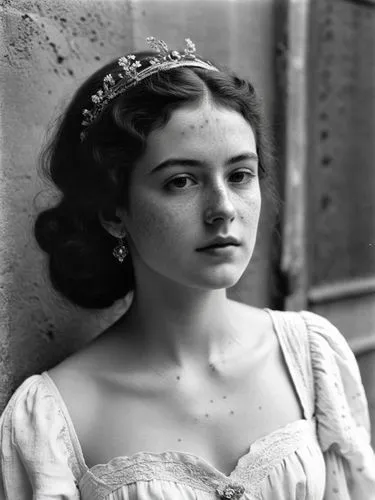 The same scene as a black and white photo. However, a few freckles should be visible.,a woman in a dress standing against the wall,vintage female portrait,zeffirelli,rosaline,british actress,vintage w