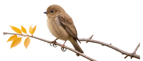 Small bird, perched, green tree branch, autumn leaves, tiny claws, fluffy feathers, bright brown eyes, small beak, chirping, morning sunlight, warm lighting, 3/4 composition, shallow depth of field, n