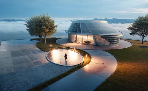 a man standing on the stairs outside of a building,futuristic architecture,goetheanum,snohetta,futuristic art museum,house in the mountains,modern architecture,house in mountains,modern house,dreamhou