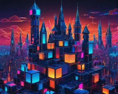 fantasy city,colorful city,metropolis,cube background,cityscape,fantasy world,electric tower,tetris,sky city,3d fantasy,temples,cubes,city cities,tokyo disneyland,disney castle,city skyline,shanghai disney,dream world,towers,urban towers,Illustration,Realistic Fantasy,Realistic Fantasy 42